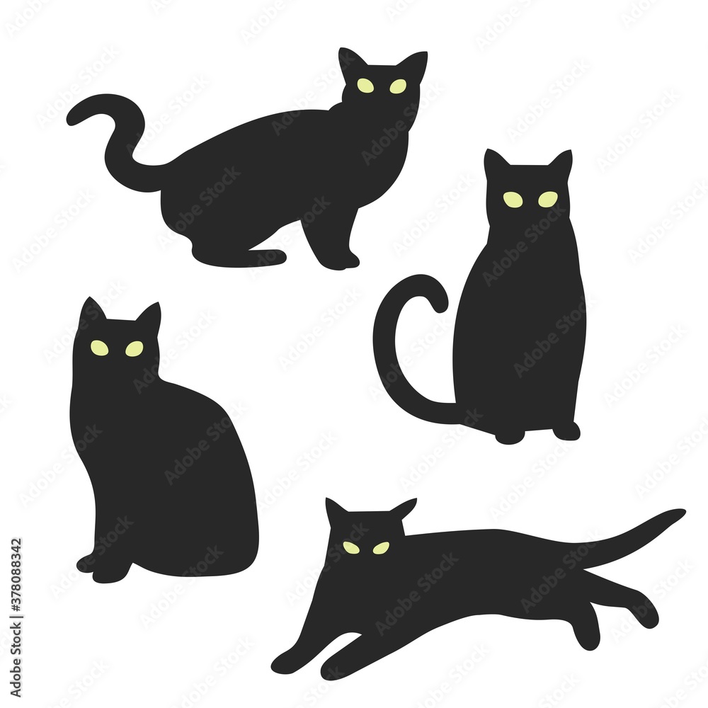 Silhouette of four cats. Set of black witch kitten. Vector illustratoin. Silhouette of four cats. Set of black witch kitten. Vector illustratoin.