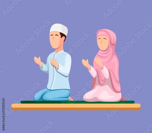 muslim couple sitting and praying. islam religion people in cartoon illustration vector