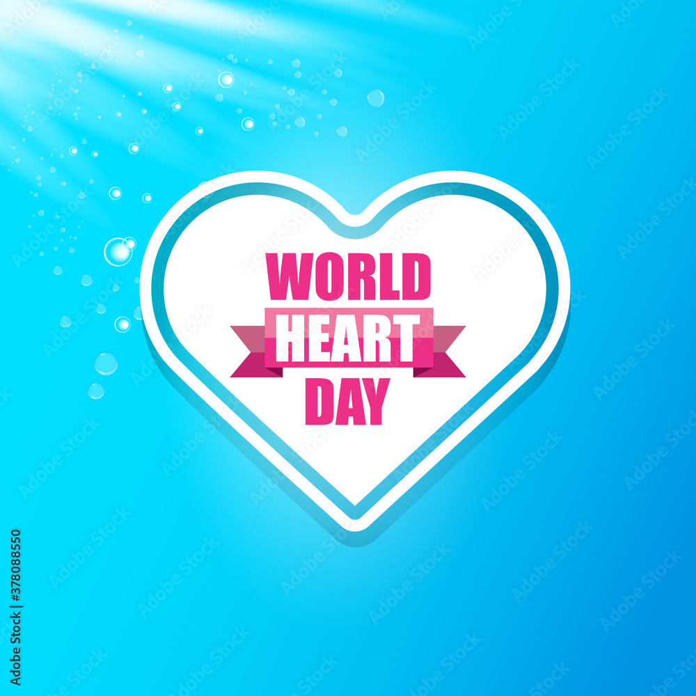 world heart day banner or background with heart isoalted on blue layout.