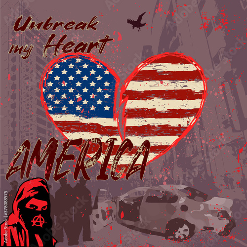 A young ultra-radical anarchist wearing a mask at a street demonstration. Riot and chaos. Burned car on the street.Vector illustration for web and print.