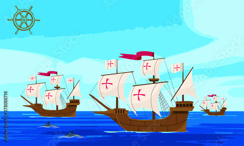 Caravels on a Long Voyage. Vector illustration for web and print.