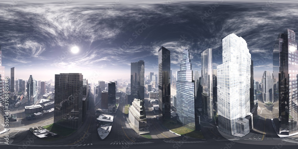 Fototapeta premium Panorama of the city. Environment map. HDRI map. equidistant projection. Spherical panorama. 3D rendering