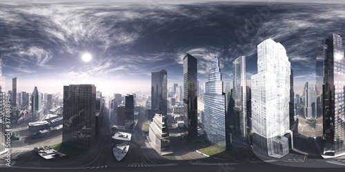 Panorama of the city. Environment map. HDRI map. equidistant projection. Spherical panorama. 3D rendering