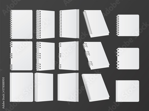 set of books and notebooks mockup color white icons