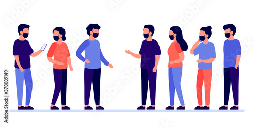 Meeting of group of people with mask for communication, talking, partnership, business relationship. Mutually beneficial cooperation. Negotiations, discussion of team workers. Vector flat illustration
