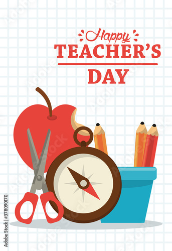 happy teachers day card with supplies and lettering