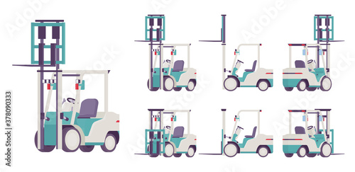 Forklift truck, professional vehicle, pallet for lifting, carrying heavy loads. Business transport to load, unload cargo in warehouse logistics. Vector flat style cartoon illustration, different views