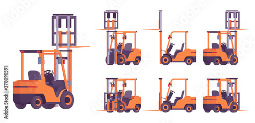 Forklift truck, professional vehicle, pallet for lifting, carrying heavy loads. Business transport to load, unload cargo in warehouse logistics. Vector flat style cartoon illustration, different views
