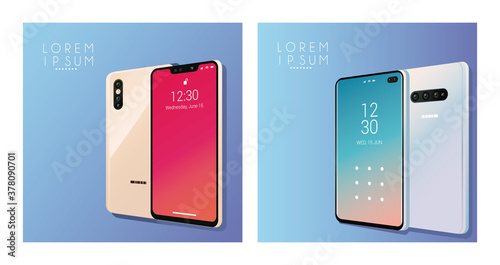 four mockup smartphones devices icons