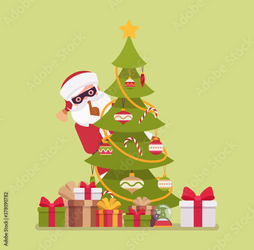 Secret Santa Claus wearing mask hiding behind a christmas tree. Anonymous Father Christmas bringing, sharing traditional new year gifts, unknown volunteer giver. Vector flat style cartoon illustration