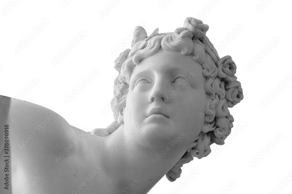 White marble sculpture head of young woman. Statue of sensual renaissance art era naked woman in circlet antique style isolated on white background