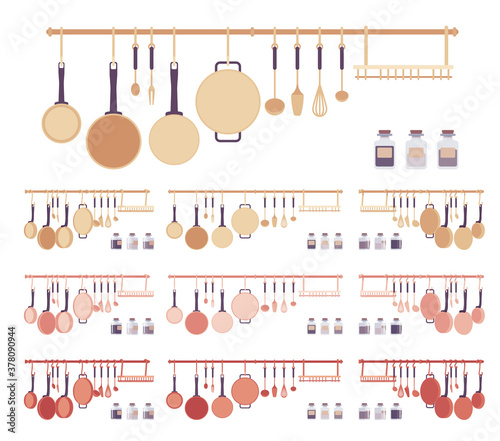 Home kitchen utensil set, cookware and cooking objects. Pans steel pieces, tools, useful accessories and storing gadgets for perfect cooking. Vector flat style cartoon illustration, different views