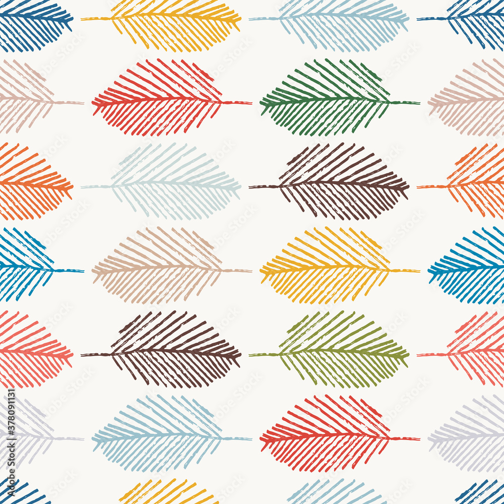 Mono print style leaves seamless vector pattern background. Horizontal rows of colorful scribble effect foliage on white backdrop. Geometric at home hand crafted repeat for summer or children concept Mono print style leaves seamless vector pattern background. Horizontal rows of colorful scribble effect foliage on white backdrop. Geometric at home hand crafted repeat for summer or children concept