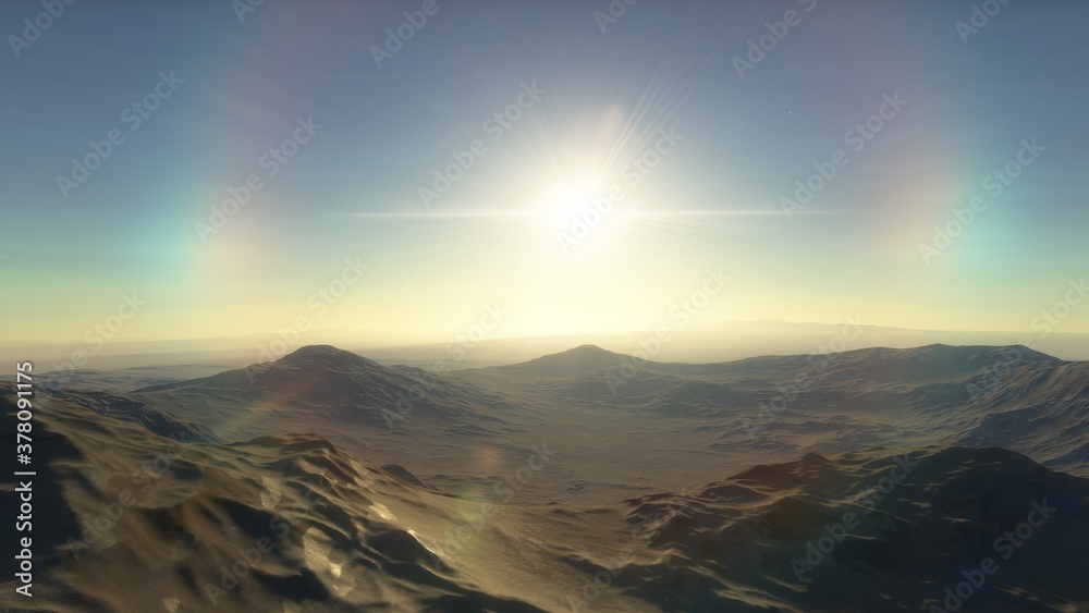 alien Planet, fantasy landscape, view from the surface of an exo-planet, science fiction landscape, 3d Render