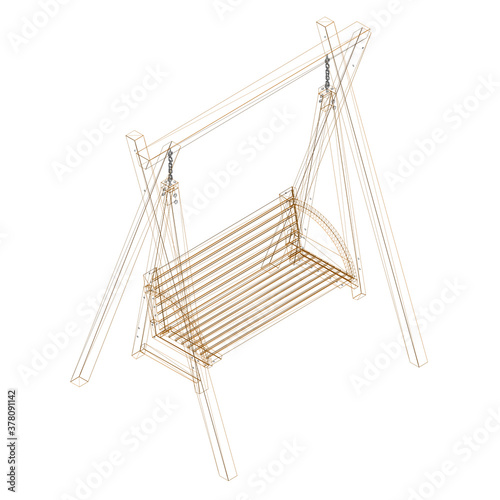 Wireframe of a wooden swing from brown lines isolated on white background. Isometric view. 3D. Vector illustration