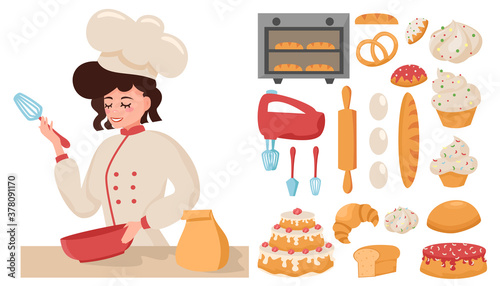 Girl confectioner prepares. Young chef. A set of products and kitchen appliances. Vector illustration.