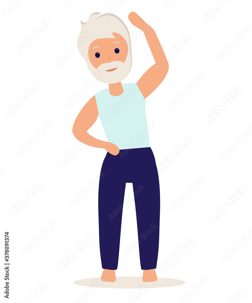 Senior man doing yoga. Yoga practice. Vector illustration in flat style. Old man goes in for sports.