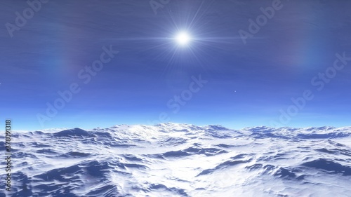 alien Planet, fantasy landscape, view from the surface of an exo-planet, science fiction landscape, 3d Render