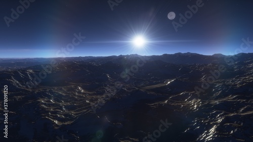 alien Planet  fantasy landscape  view from the surface of an exo-planet  science fiction landscape  3d Render