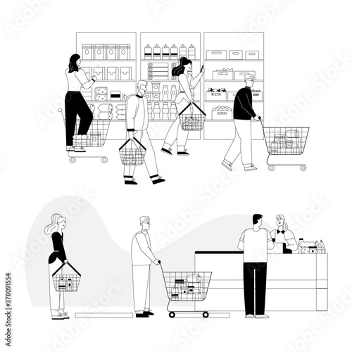 Customers at supermarket choose products, paying purchases