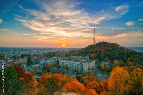 Breathtaking sunset over Lviv city, Ukraine. UNESCO world heritage site