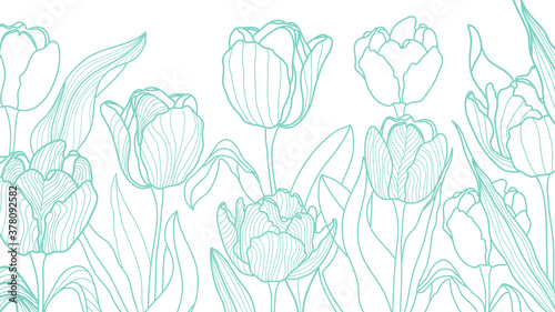 luxury floral line art wallpaper vector. Exotic botanical background, Tulip flower vintage boho style for textiles, wall art, fabric, wedding invitation, cover design Vector illustration.