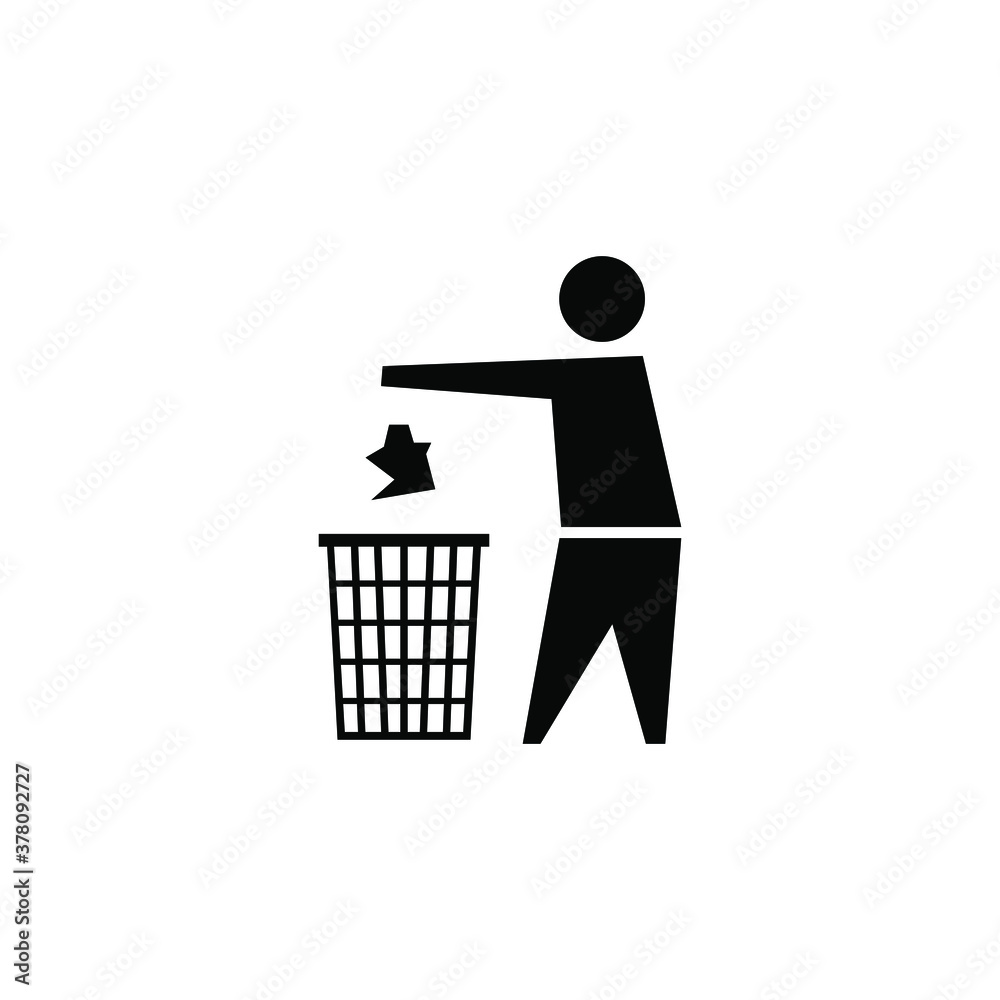 Black icon to dispose of trash in special waste bins. Used goods container sign. The symbol is to observe cleanliness and order. A pictogram of a man. Black icon to dispose of trash in special waste bins. Used goods container sign. The symbol is to observe cleanliness and order. A pictogram of a man.