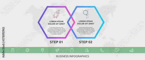 Vector infographic line template hexagons for 2 icons, diagram, graph, presentation. Business concept with two steps. For content, flowchart, timeline, workflow, banner, workflow, banner, chart