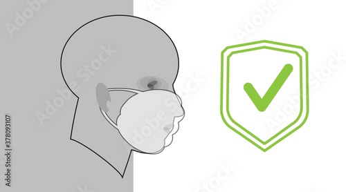 Head wearing disposable medical face mask to protect against high air toxic pollution city. stop the spread of viruses, help prevent hand-to-mouth transmissions. sign of protection shield.