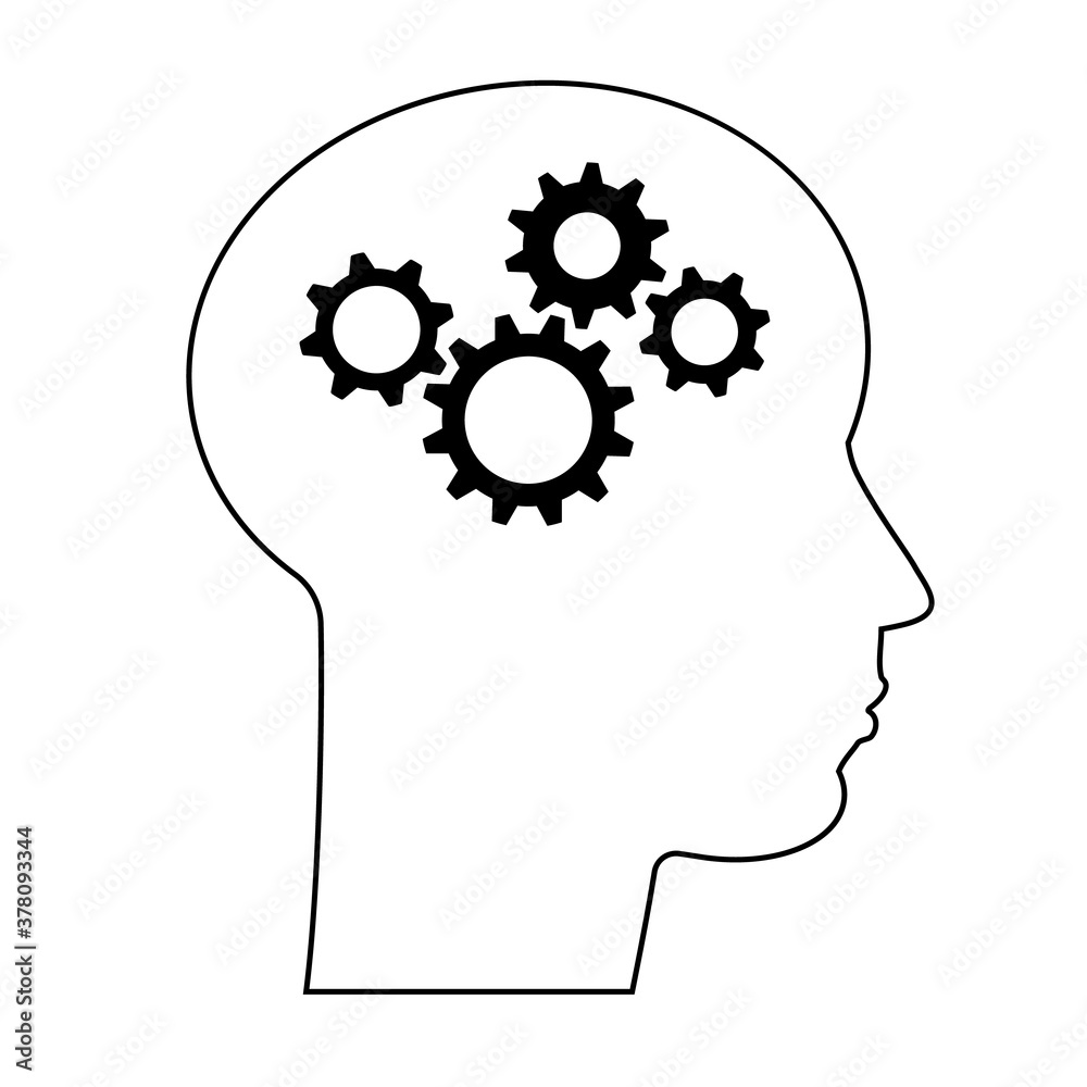 Concept of human intelligence. Head and Brain Gears in Progress. Vector line silhouette face. Portrait icon man. Isolated illustration. Concept of human intelligence. Head and Brain Gears in Progress. Vector line silhouette face. Portrait icon man. Isolated illustration.