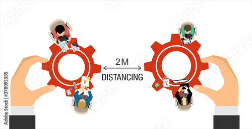 People working together in business office maintain social distancing to prevent coronavirus spreading, keep a safe distance, new normal lifestyle concept, flat vector illustration