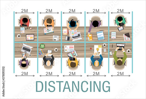 People working together in business office maintain social distancing to prevent coronavirus spreading, keep a safe distance, new normal lifestyle concept, flat vector illustration