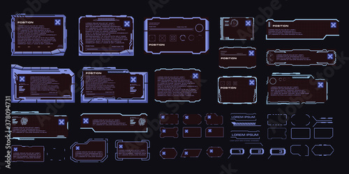 Set of cyber punk digital techno frames for HUD style user interface. Panels, windows, information blocks, frames with text. Set of vector frames with HUD, GUI, UI elements