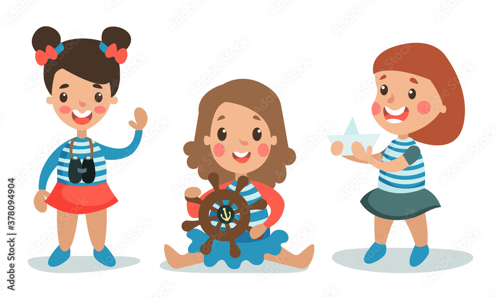 Little Girls Wearing Striped Vest Playing Sailor Vector Illustration Set Little Girls Wearing Striped Vest Playing Sailor Vector Illustration Set