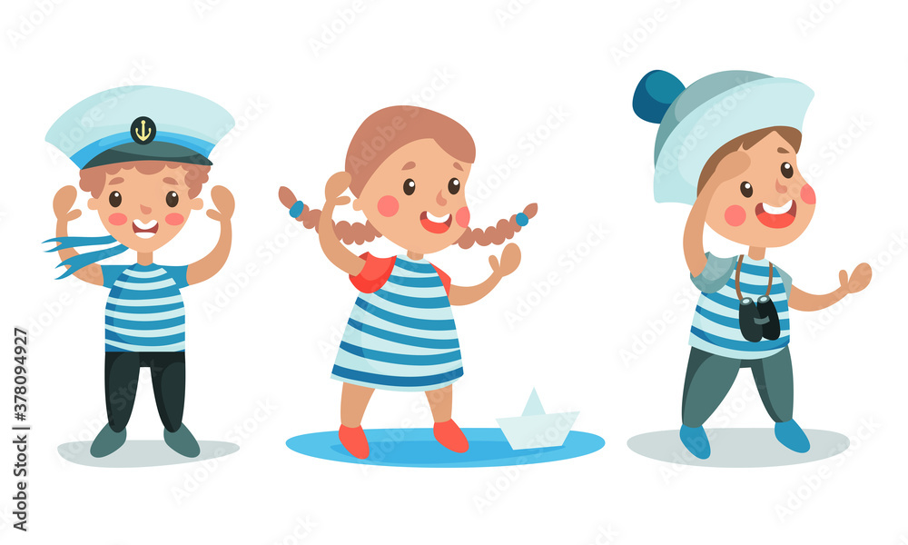 Little Girls and Boys Wearing Striped Vest Playing Sailor Vector Illustration Set Little Girls and Boys Wearing Striped Vest Playing Sailor Vector Illustration Set