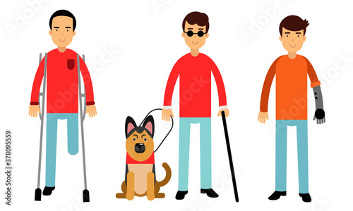 Disabled People Characters Getting Help and Assistance Vector Illustration Set