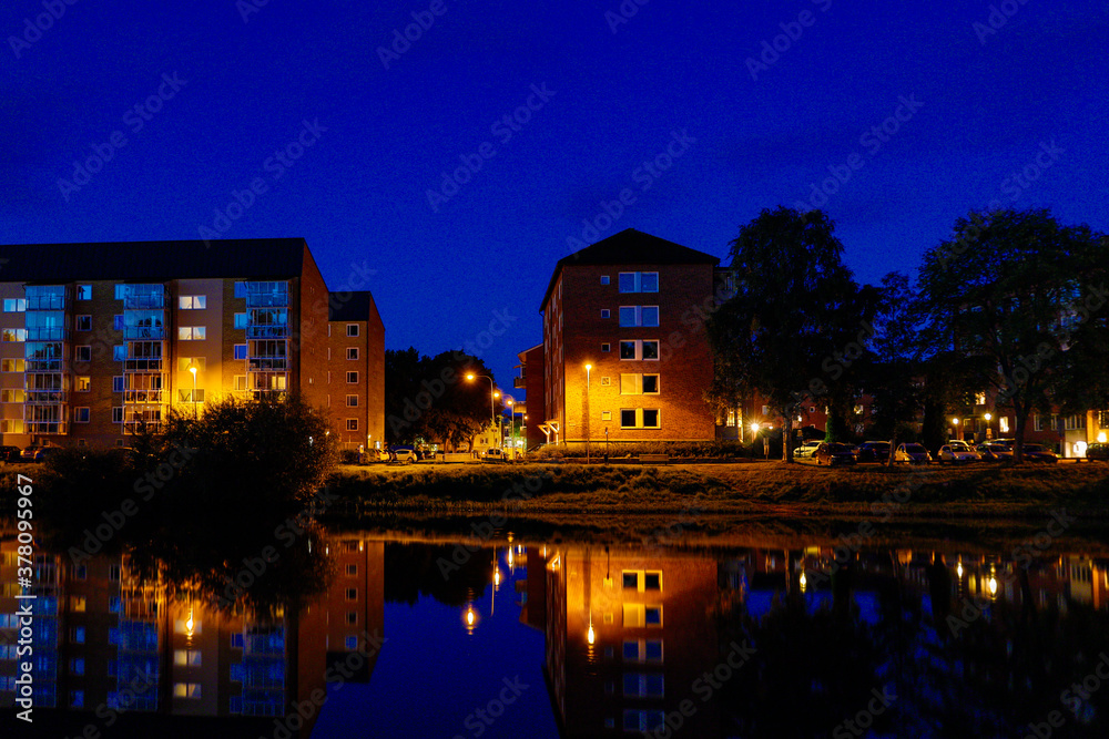 Karlstad, Sweden The Haga neighborhood at night on the Klaralven river.