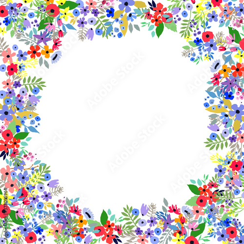 Floral frame made of flowers. Wildflowers leaves and branches. Vector illustration.