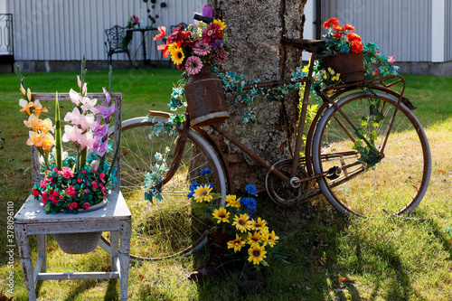 Torsby, Sweden A small bicycle on a farm decorated with flowers.