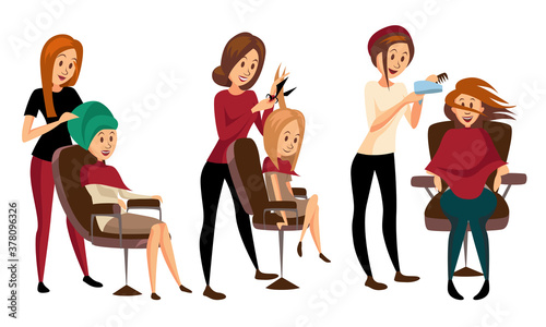 Woman Hairdresser Cutting, Drying and Doing Hair Vector Illustration Set