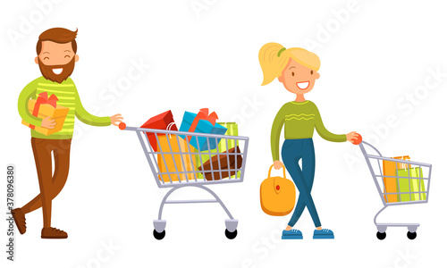 People Character Pulling Shopping Cart Full with Boxes and Packages Vector Illustration Set