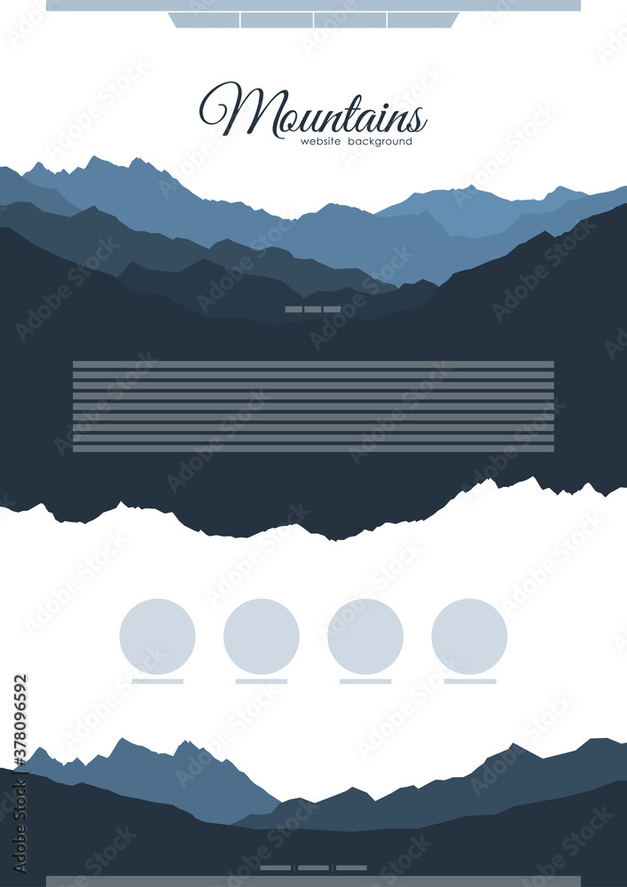 Vector Website Template Design with blue mountain ridge silhouettes.