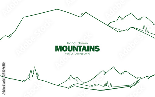 Vector illustration: Hand drawn abstract mountains background with pines for web design. Flat landscape.