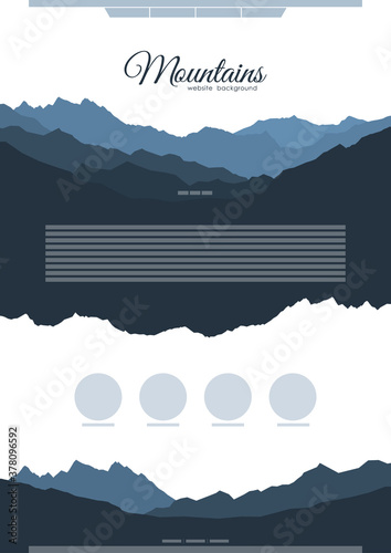 Vector Website Template Design with blue mountain ridge silhouettes.