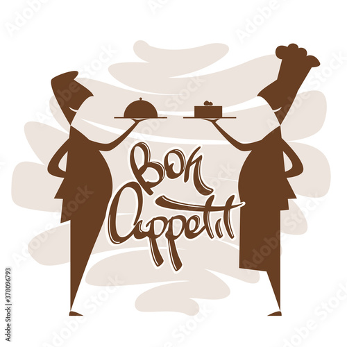 Scene with silhouette of waiter and chef with hand lettering of Bon appetit. Isolated on white background.