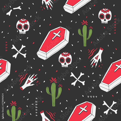 Seamless pattern with skulls and bones in the Mexican style. Halloween. The day of the Dead.