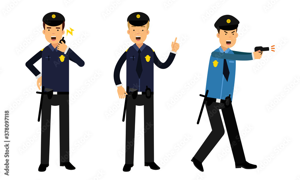 Young Men as Police Officers with Truncheon and Pistol on Duty Vector Illustration Set