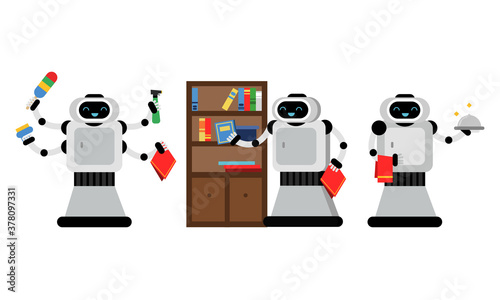 Robot Managing Household and Performing Domestic Chores Vector Illustration Set