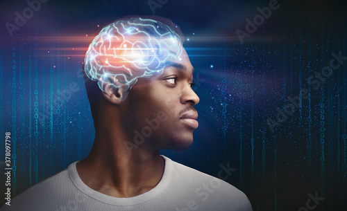 Artificial Intelligence. African American Man Profile With Digital Brain Hologram, Creative Collage photo