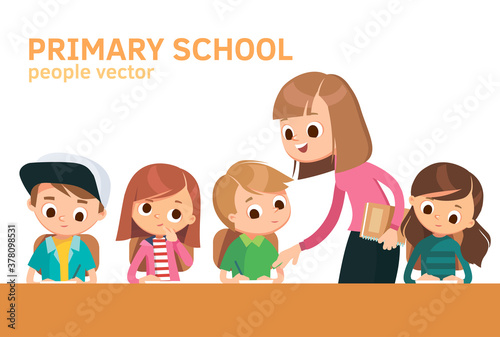 Teacher taking class teach educate exam tests kids pupils. Teacher with pupils in a classroom. Pupils attend classes listen to teacher. Primary school education vector illustration.